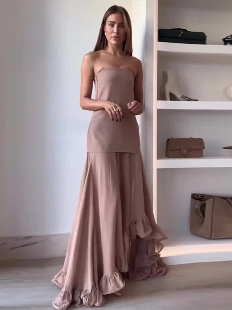 Elegant Party Dress Women Strapless Slim Hip Package Ruffle Hem Evening Dresses Female 2024 Autumn Chic Floor-length Lady Robes