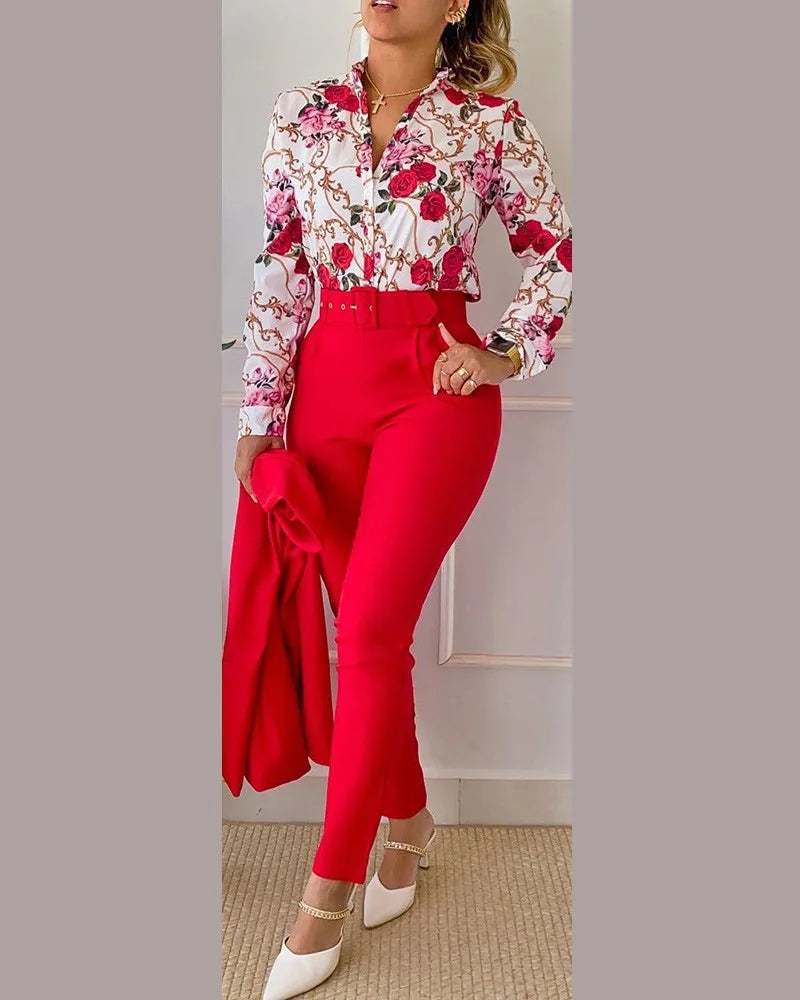 Elegant Women Two Piece Set Suits Fall New Fashion Print Long Sleeve Top Solid Color Pants Set With Belt  Blouses Female Clothes