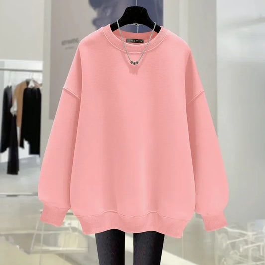 Pink Round Neck Sweatshirt Women's Fleece-Lined Thickened New Solid Color Idle Style Loose-Fit Pullover Top Autumn/Winter 2024