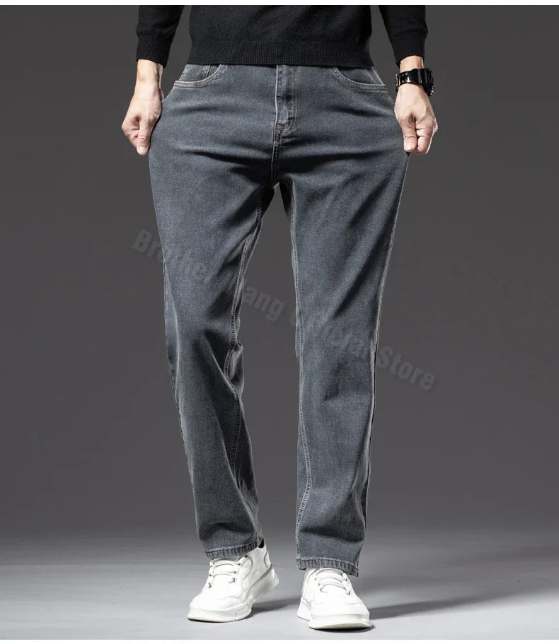 Men's Traight Loose Jeans Cotton Business Casual Stretch Denim Pants Male Trousers Brand Clothing Plus Size 42 44