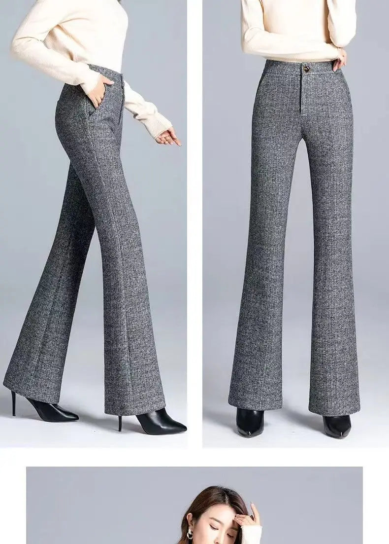 Office Lady Fashion Thicken Wool Flare Pants Autumn Winter New Korean Slim High Waist Wide Leg Women Solid Casual Suits Trousers