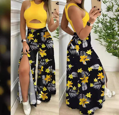 Two Piece Sets Womens Outifits 2024 Summer Print Temperament Sleeveless Slim Top & Casual High Waist Fashion Wide Leg Pants Set