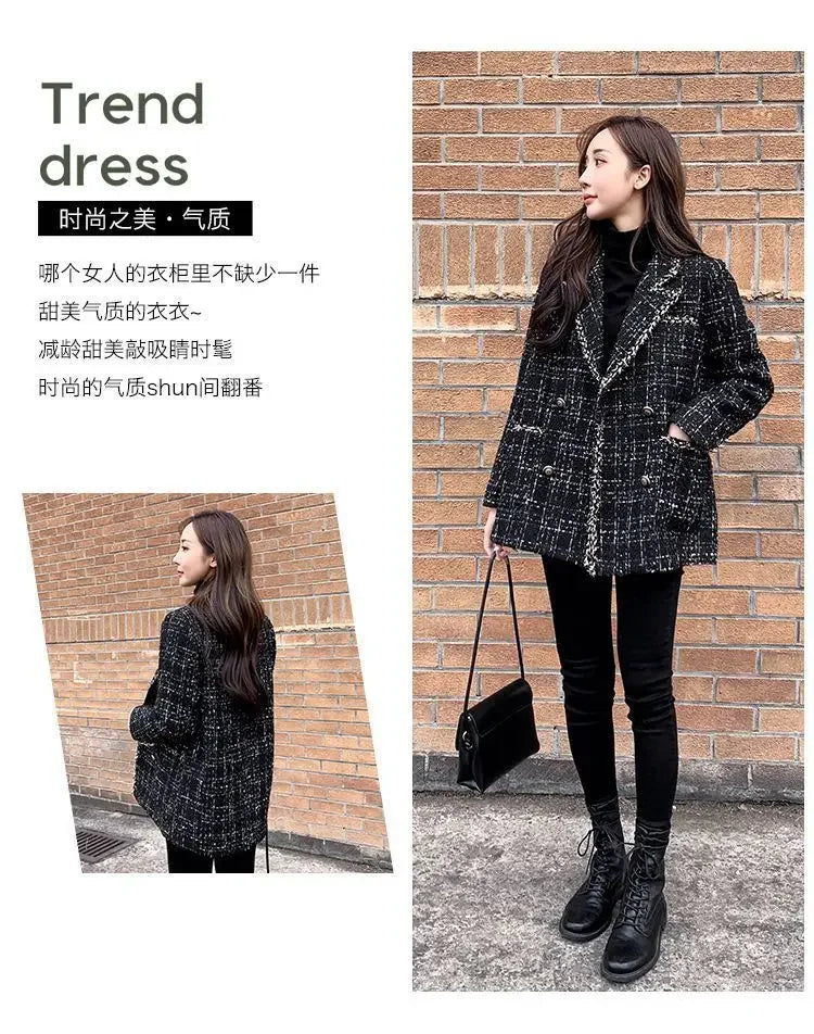 New Vintage Plaid Tweed Blazers Autumn Winter Thicken Fashion Jackets Female Double Breasted Elegant Black Coats Outwear D92