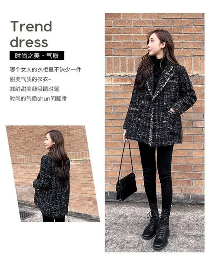 New Vintage Plaid Tweed Blazers Autumn Winter Thicken Fashion Jackets Female Double Breasted Elegant Black Coats Outwear D92