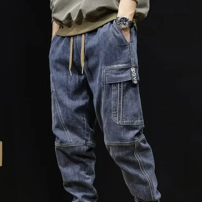 2023 New Men's Jeans Loose Fit Casual Style Vintage Cargo Pants Trendy Male Fashion Straight Blue Stretch Denim Trousers