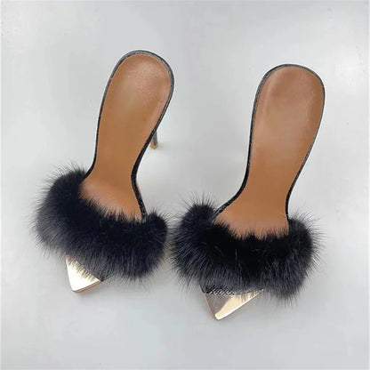 Summer Furry Mules Shoes Peep Toe Thin Heels Slippers Women Sxy Metal Decoration Pointed Toe Gladiator Sandals Party Stiletto