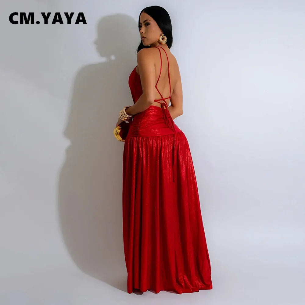 CM.YAYA Women Sleeveless Backless High Waist Birthday Long Maxi Dress 2024 Autumn Street Sexy Party Split Dresses Vestidos