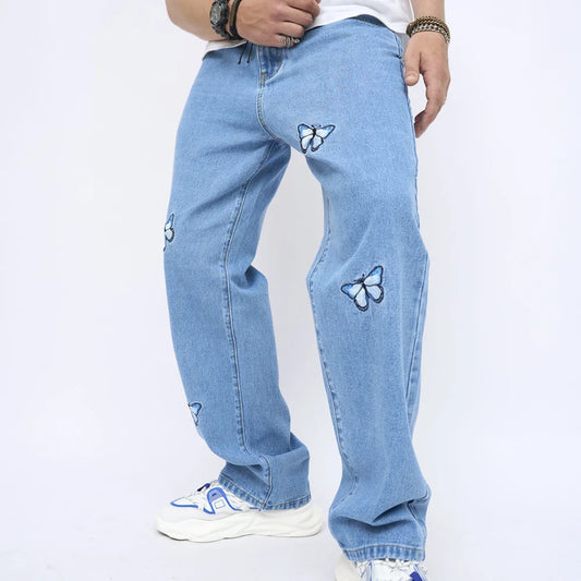 2023 New Men Butterfly Embroidery Stylish Loose Straight Jeans Pants Male Cotton Casual Denim Trousers