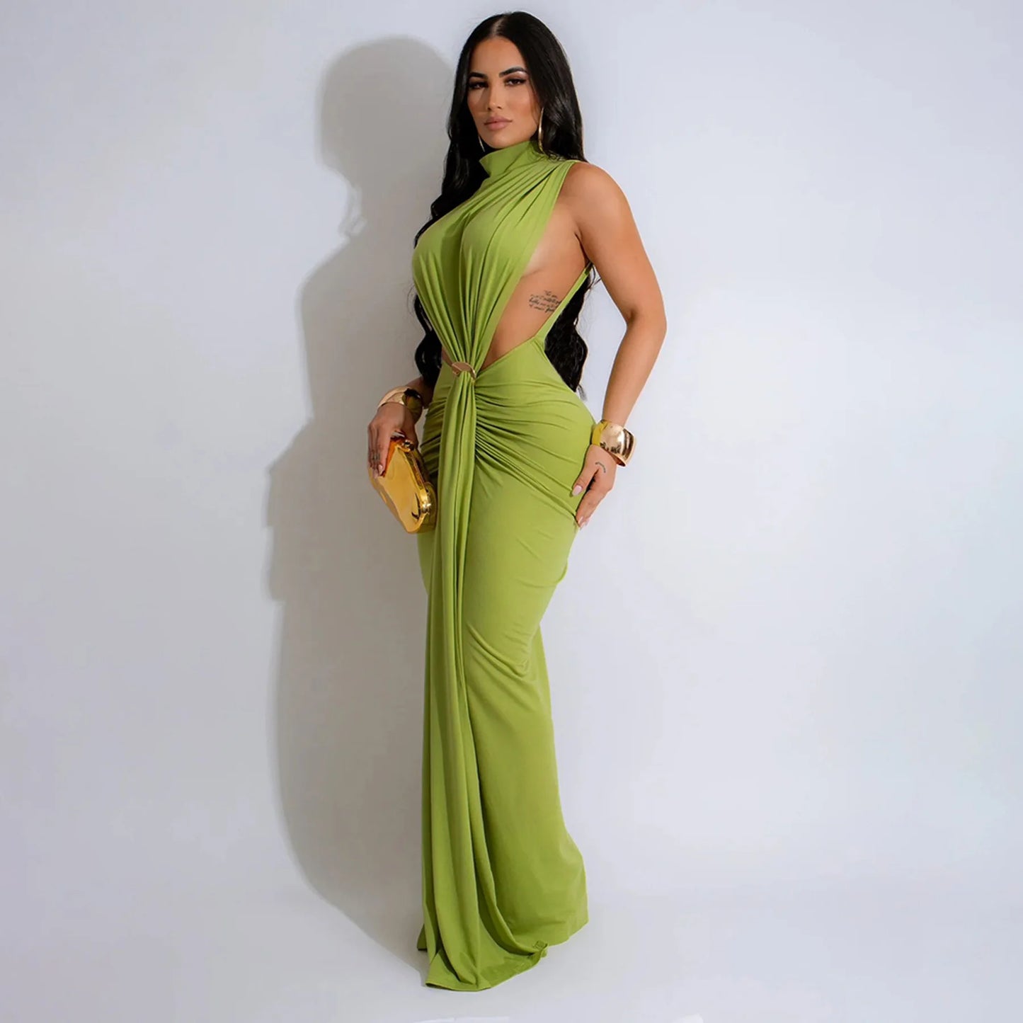 New Women O-neck High Split Ruched Stacked Bodycon Midi Maxi Dress Evening Party Club Vestidos Sexy Chic Long Dresses