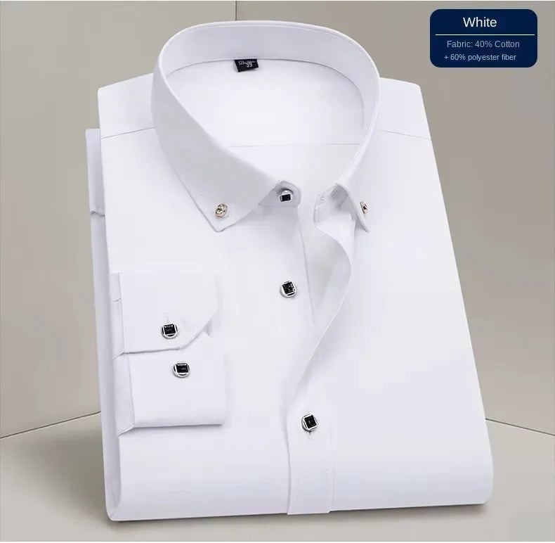 Hot Sale Men's Business Dress Shirt Formal Fashion Thin Classic Basic Diamond Button Long Sleeve Social White Shirt Men Clothing