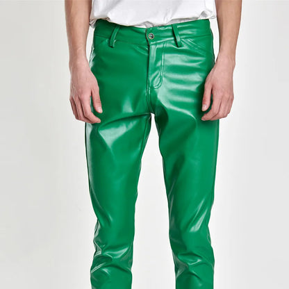 PU Leather Pants Men's Fashion Rock Style Night Club Dance Pants Men's Faux Leather Slim Fit Skinny Motorcycle Trousers