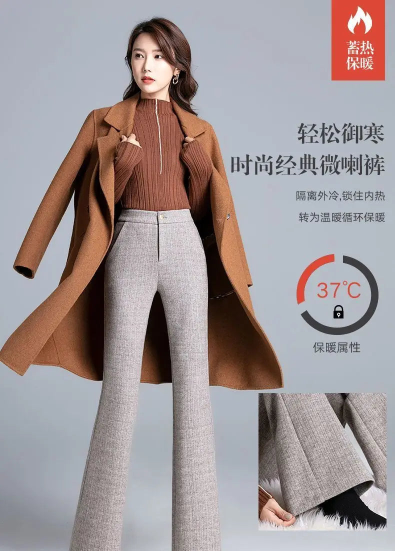 Office Lady Fashion Thicken Wool Flare Pants Autumn Winter New Korean Slim High Waist Wide Leg Women Solid Casual Suits Trousers