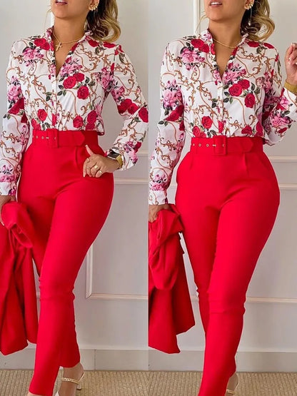 Elegant Women Two Piece Set Suits Fall New Fashion Print Long Sleeve Top Solid Color Pants Set With Belt  Blouses Female Clothes