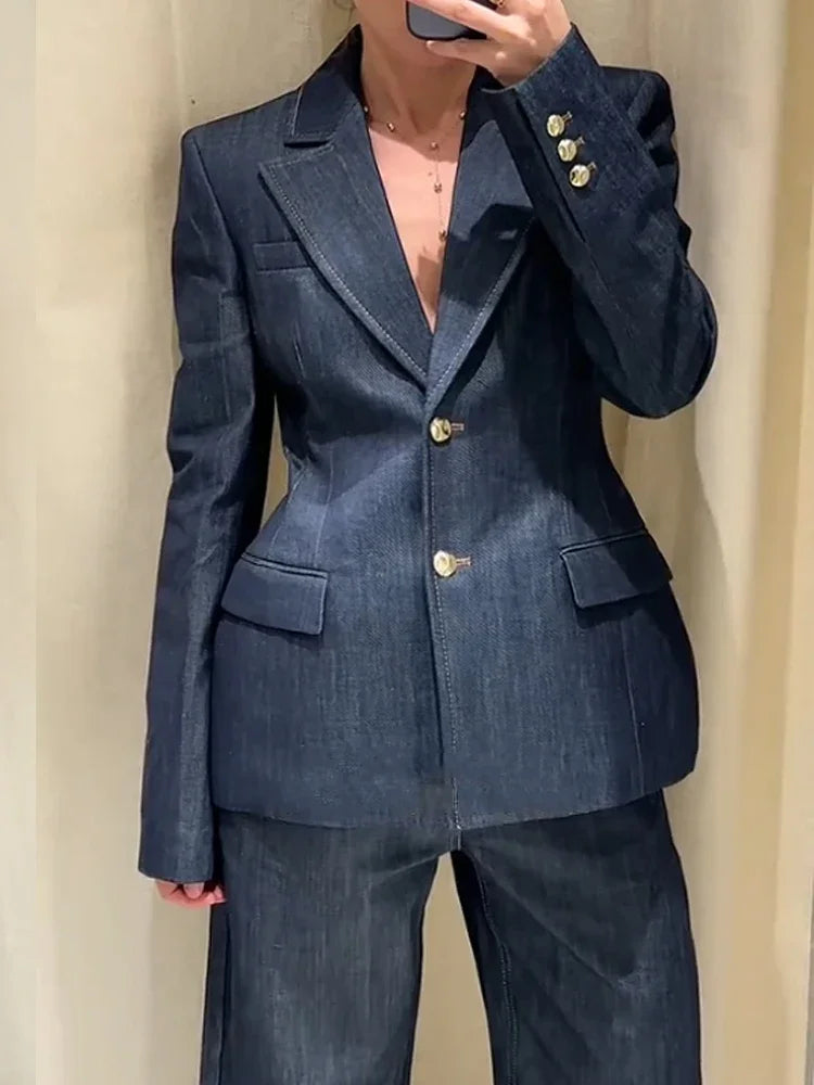 Fashion Denim Blazer Long Pants Sets Women Spring Single Breasted Suit Jacket Chic V-neck Vest Wide Leg Pants Suits OL 3 Pcs Set