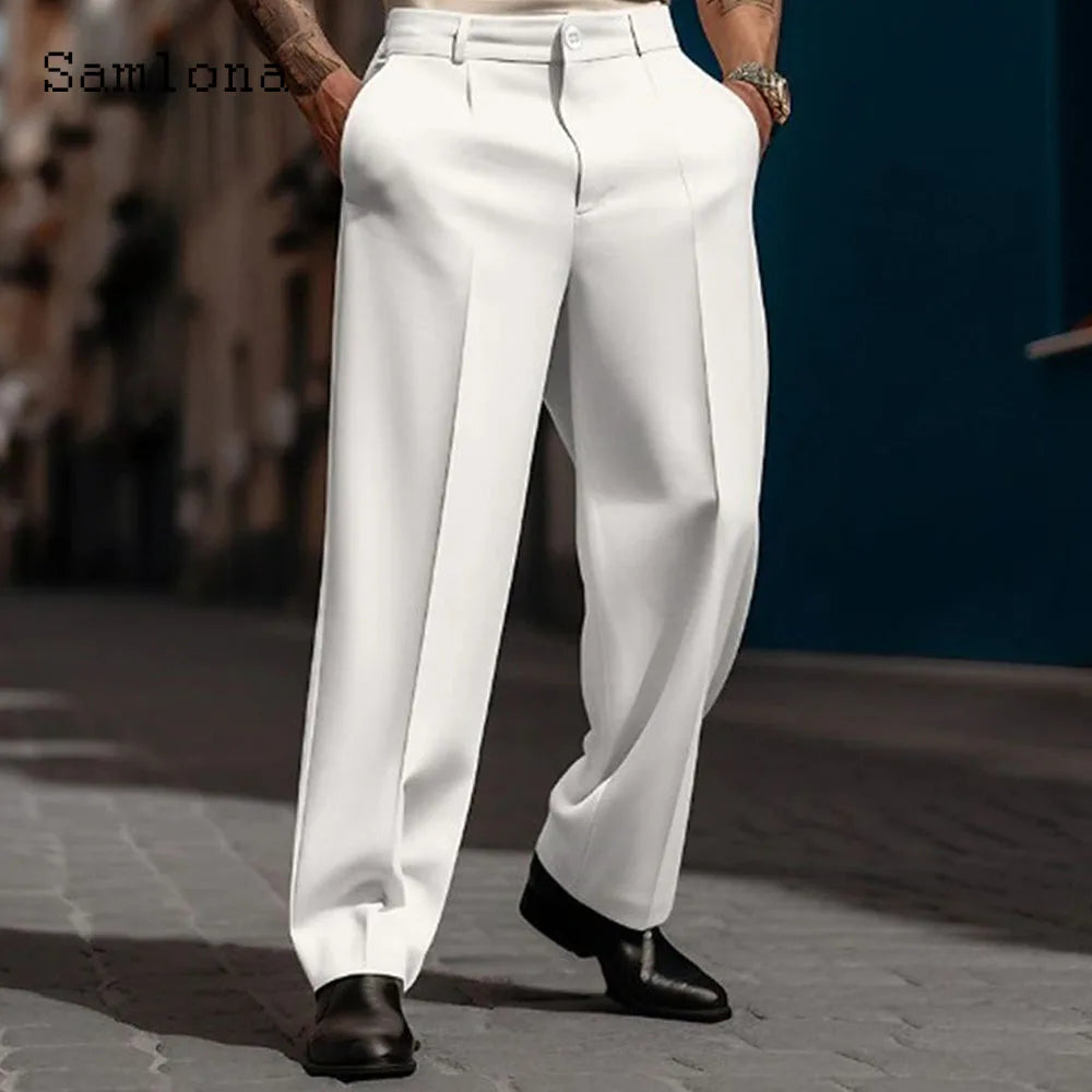 2024 Men's Stand Pocket Formal Wide Leg Pants Men Elegant Party Wedding Trouser Plus Size Mens Fashion Triple Buttons Suit Pants