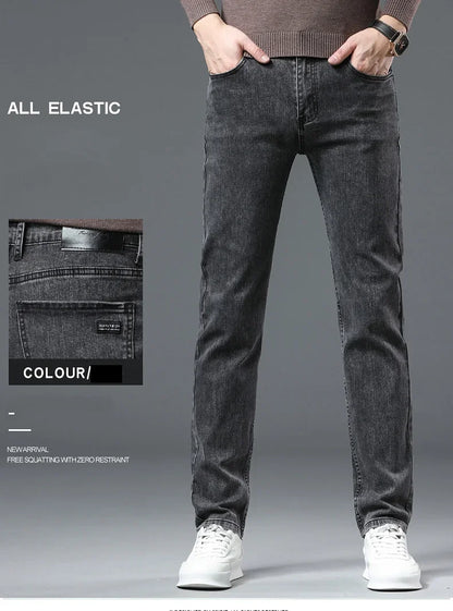 New Men's Stretch Grey Jeans Classic Slim Business Fashion Black Elasticity Denim Pants Male Brand Casual Trousers