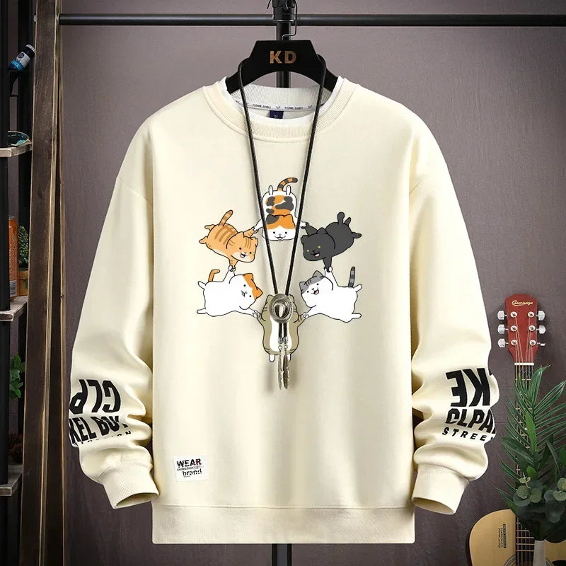 Japan Cartoon Men's Sweatshirt Hoodies Autumn Cats Printed Long Sleeve T-shirt Fashion Men's Clothing Khaki O Neck Harajuku Top