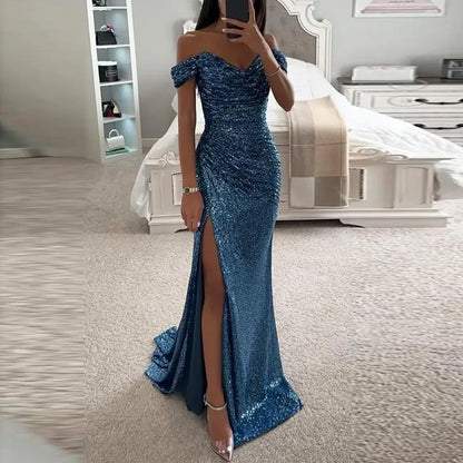 Summer Dress SkinnySequin Pleated Split Maxi Bodycon Dress Slim Fit Off Shoulder Evening Party Prom Dress Birthday Clubwear