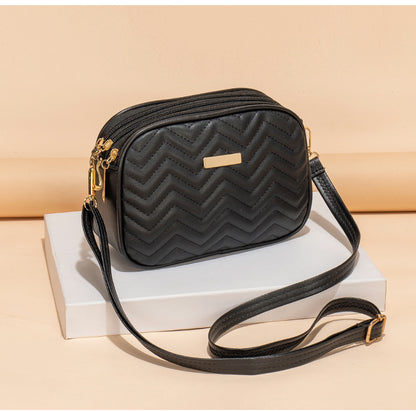 Large Capacity Three Zipper Crossbody Bag, New Fashionable and Simple Diamond Shaped Wave Embroidered Monochrome Camera Bag