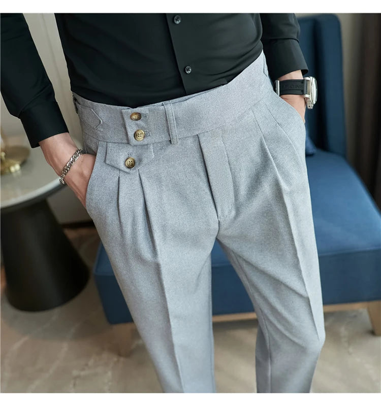 British Style Pants Men High Waist Belt Design Casual Slim Formal Office Dress Pant Men Social Wedding Party Dress Suit Trousers