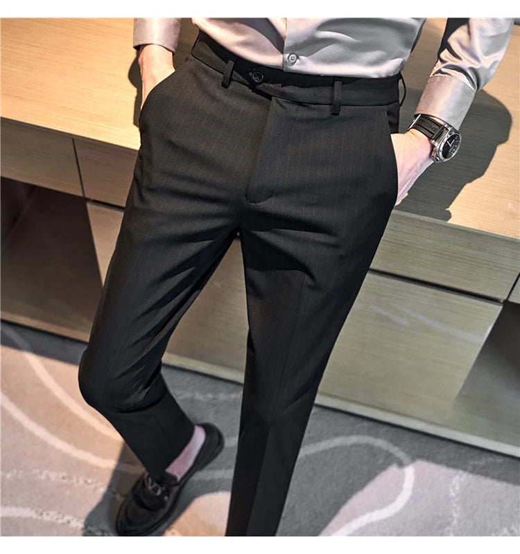 Autumn Winter Thickened Striped Suit Pant Men Business Slim Fit Long Pants Formal Office Social Party Casual Pants Streetwear