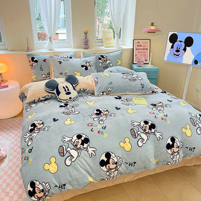 Buzz Lightyear Pooh Bear Stitch Lotso Mickey New Creative Cartoon Print Warm Milk Velvet Sheets and Quilt Covers Four-piece Set