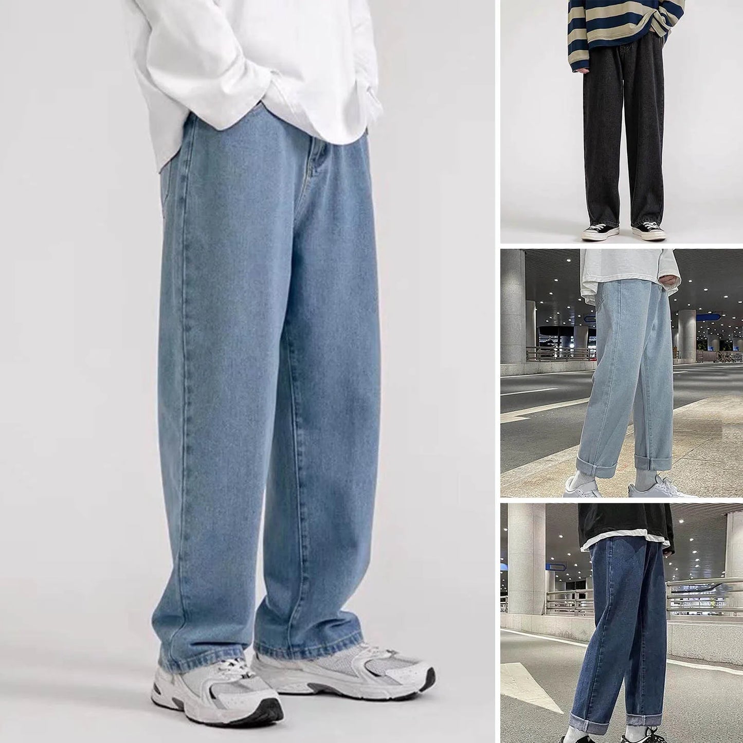 1Pc Trendy Oversize Jeans Zipper Fly/Drawstring Dressing Up Brushed Pants Thin Baggy Jeans Retro Wide Leg Man Pants Men Clothing