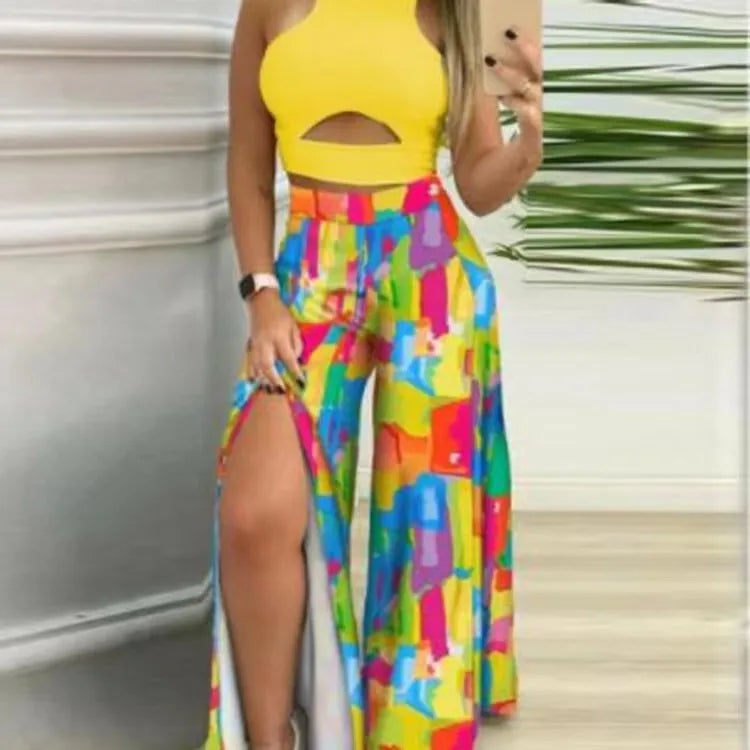 Two Piece Sets Womens Outifits 2024 Summer Print Temperament Sleeveless Slim Top & Casual High Waist Fashion Wide Leg Pants Set