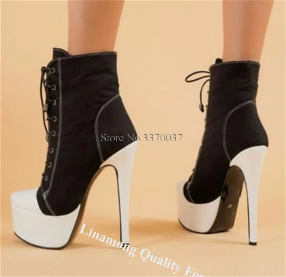 White-black High Platform Short Boots Linamong Western Style Round Toe Lace-up Stiletto Heel Ankle Booties Sexy Casual High Heel