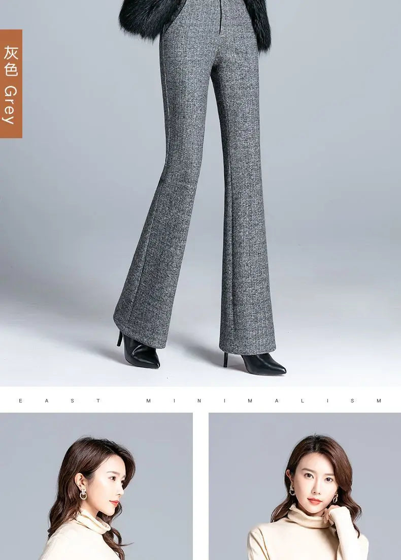 Office Lady Fashion Thicken Wool Flare Pants Autumn Winter New Korean Slim High Waist Wide Leg Women Solid Casual Suits Trousers