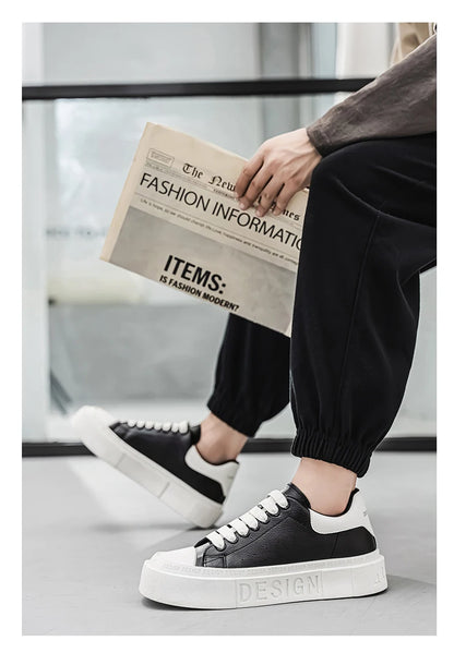 HKDQ Fashion Design White Sneakers Men Comfortable Leather Low-cut Platform Sneakers Men Trend Casual Lace-up Men's Skate Shoes