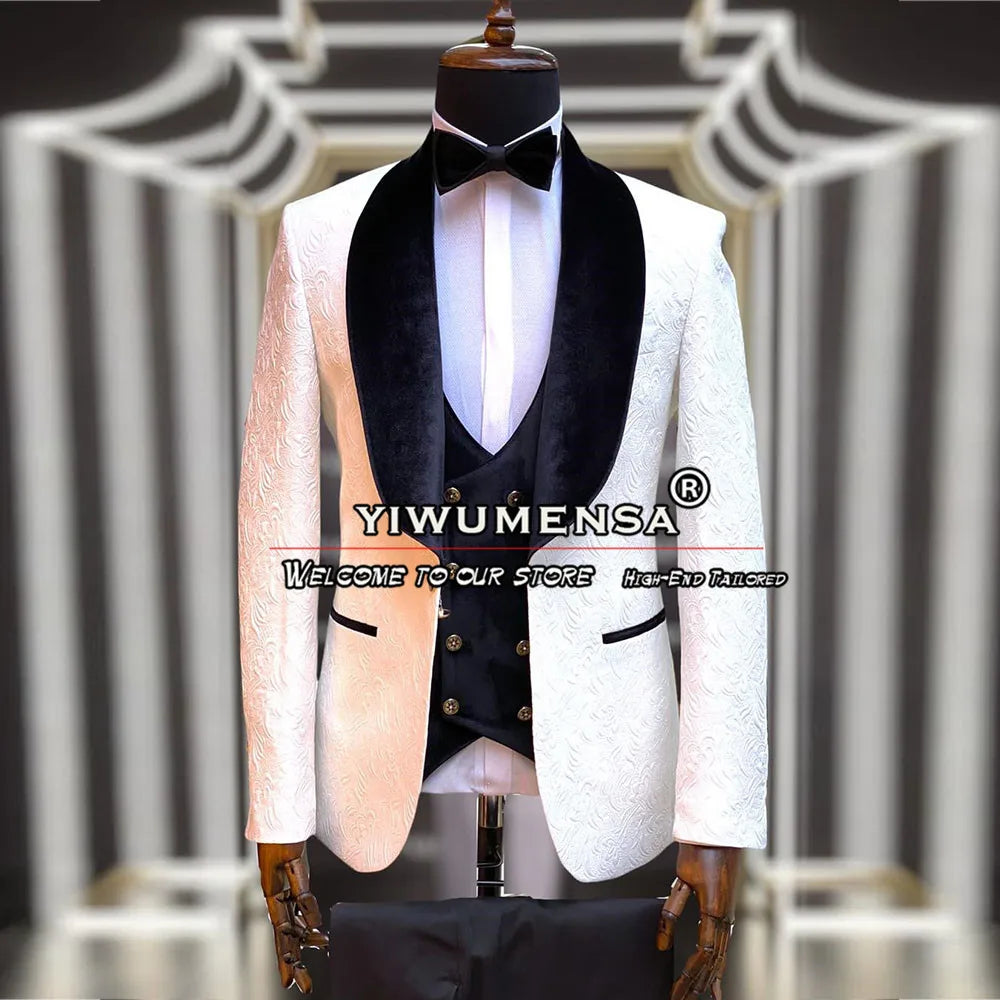 Latest Men Suits White Jacquard Black Velvet Lapel Blazer Sets Formal Wedding Groomsman Tuxedo Tailor-Made Man Marriage Clothing