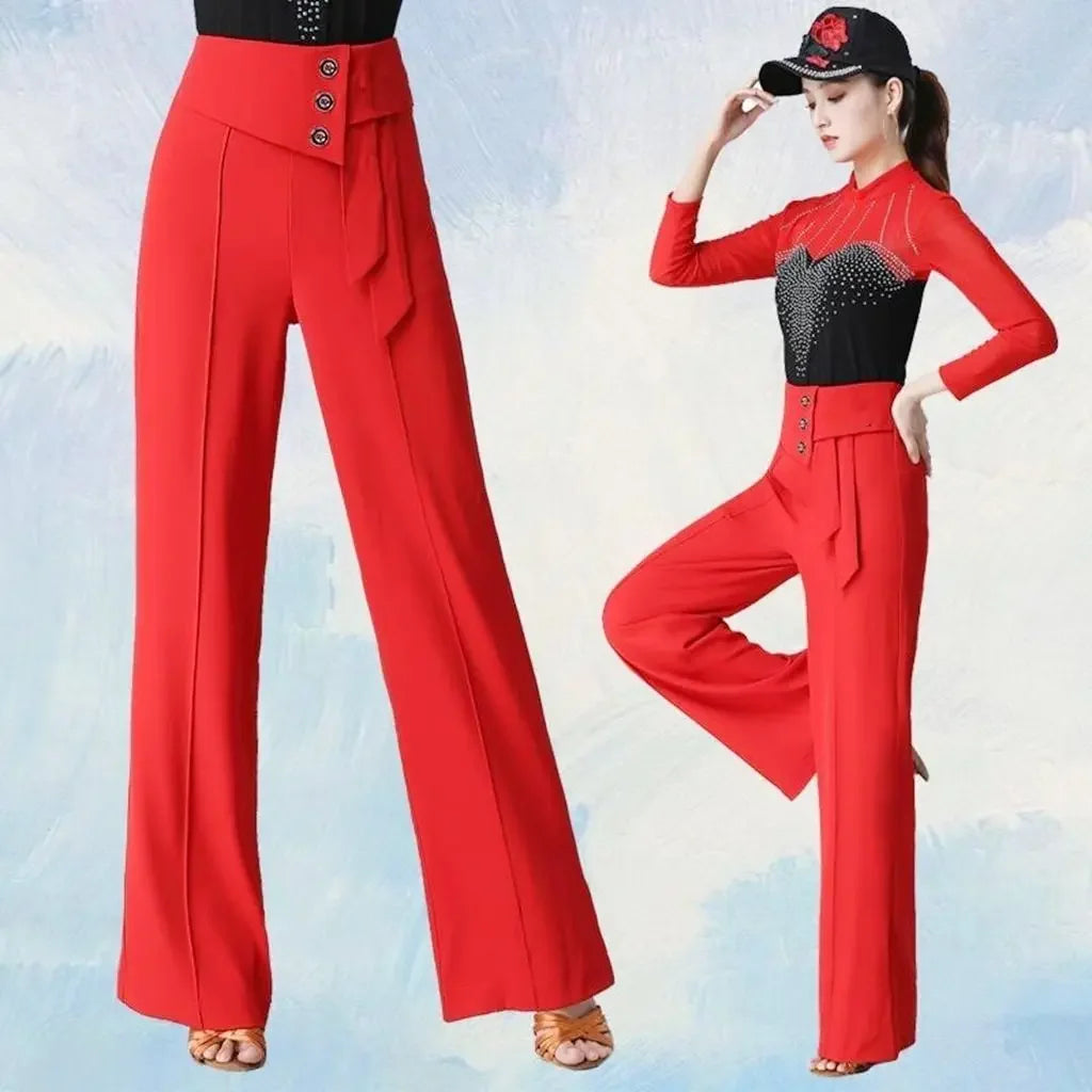 High Waist Latin Dance Wide Leg Pants Women Modern Dance Samba Cha Cha Practice Pants Draped Square Ballroom Dance Competition