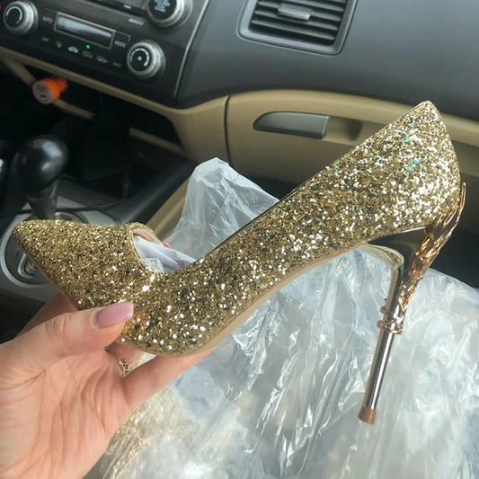 Women 9.5cm High Heels Pumps Lady Wedding Bridal Gold Silver Stiletto Heels Nightclub Event Party Sparkly Sequins Bling Shoes