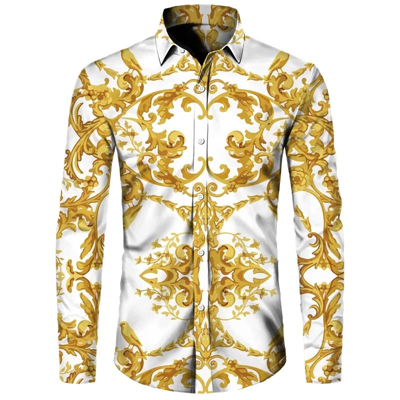 Golden Flower Pattern Print Men's Shirts Casual Single-Breasted Cardigan Long Sleeve Shirt Fashion Trend Tops Men Clothing