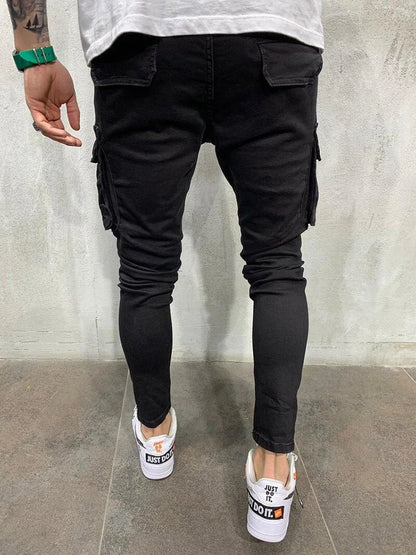 Men Wash Solid Color Multiple Pockets Holes Mid Waist Cargo Pants Trousers Slim Fit Daily Wear Joggers Street Elastic Jeans