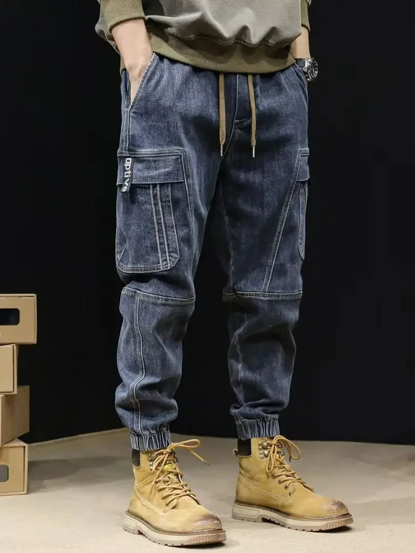 2023 New Men's Jeans Loose Fit Casual Style Vintage Cargo Pants Trendy Male Fashion Straight Blue Stretch Denim Trousers