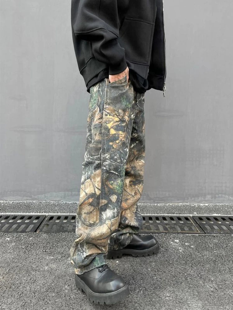 American tree patterned camouflage jeans for men ins loose Harajuku straight tube printed trendy men and women hip-hop pants