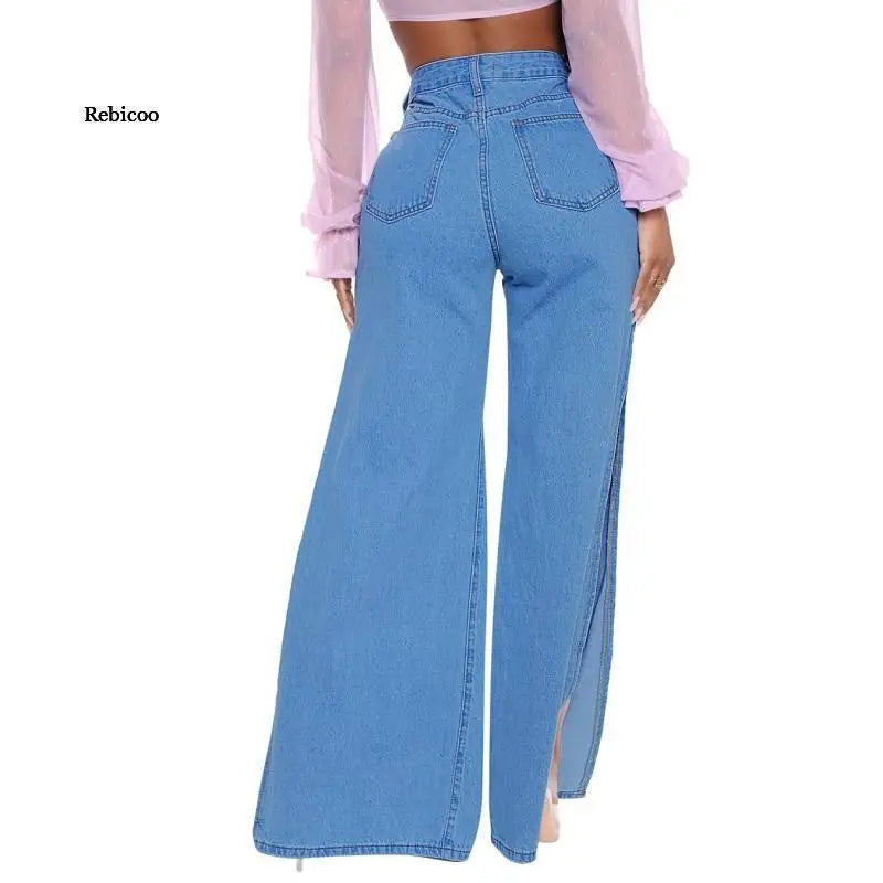 Blue Sexy Hole Jeans Women Stretch Split Wide Leg Denim Flare Long Pants Spring Autumn New High Street Ladies Fashion Club