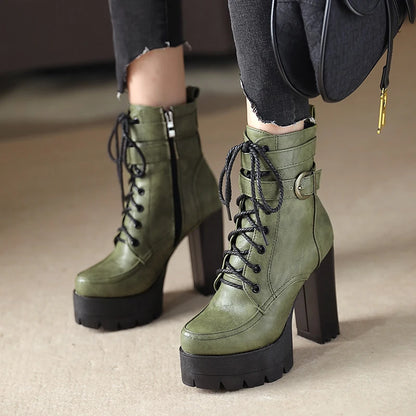 Fashion Platform Women Boots Square High Heel Ankle Boots Lace Up Zipper Motorcycle boots Autumn Winter Plush Ladies Shoes