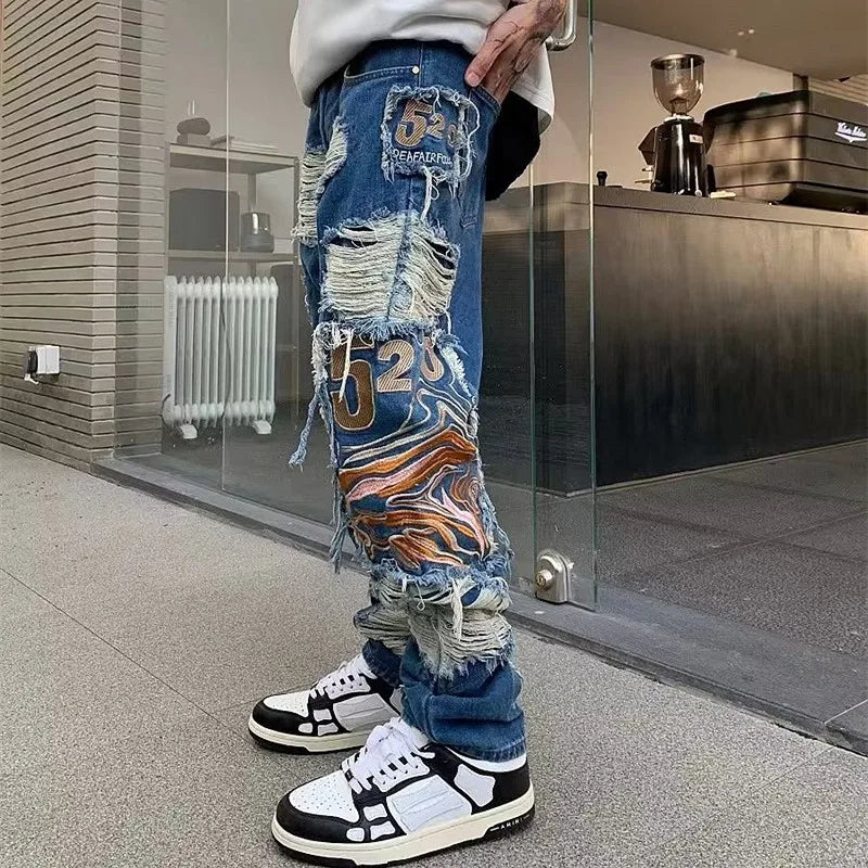 2023 Grunge Clothes Y2K Streetwear Baggy Ripped Stacked Jeans Pants Men Straight Kanye Old Hip Hop Denim Trousers Pantaloni Uomo