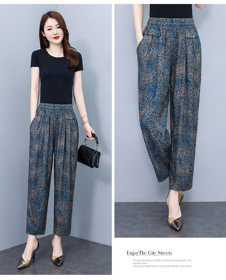 Women Pants High Waist Loose Print Summer Pants for Women Elastic Waist Vintage Clothing