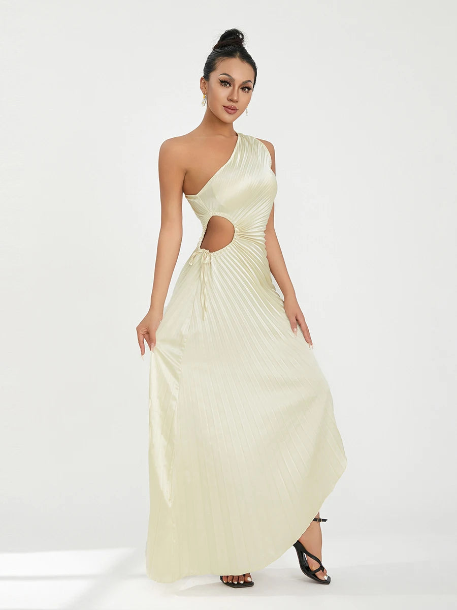 Women Elegant Long Dress Summer Sleeveless One-shoulder Pleated Hollowed Irregular Dress for Cocktail Party Beach Sundress Y2K