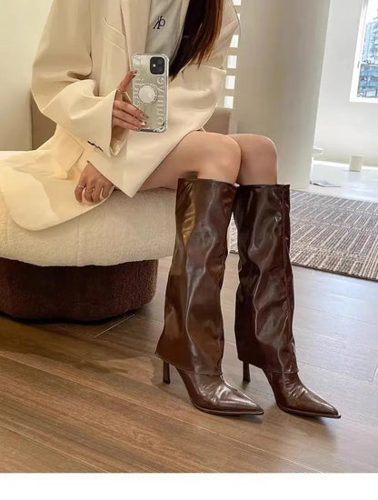 Women's Winter Knight Boots 2024 Trendy Sexy Pointed High Heels New Womens Long White Stiletto Western Cowboy Boots Botas Mujer