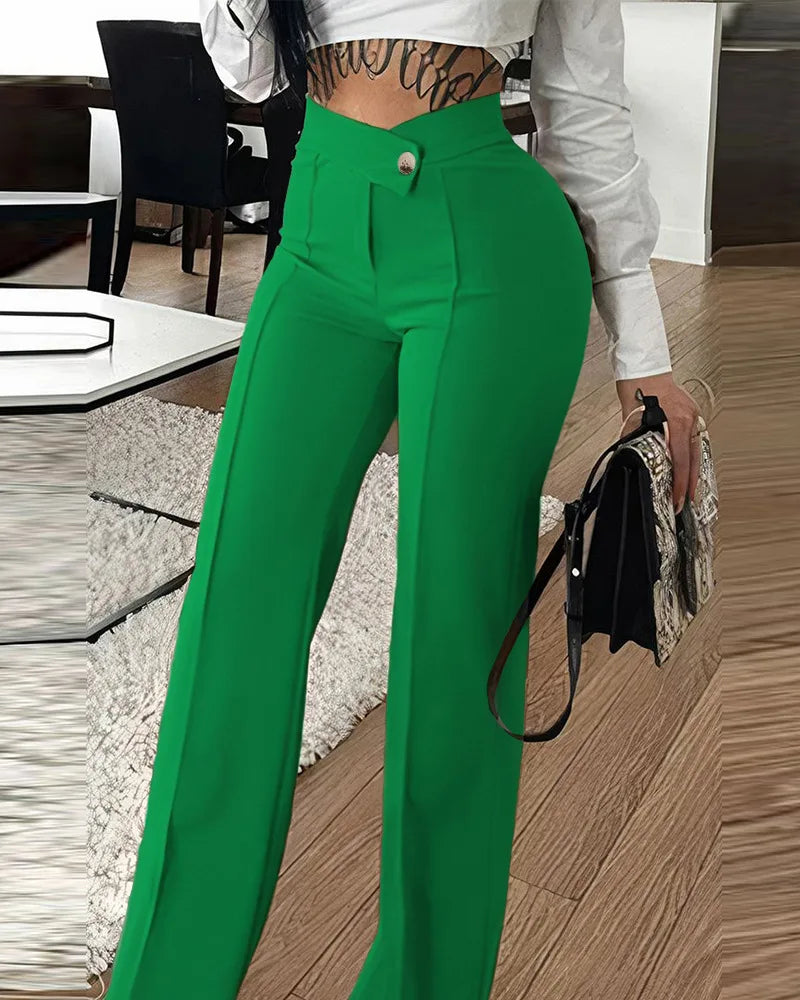 2023New Women's Cross-Border Slim-Fit Green Leisure Commute Wide-Leg Trousers