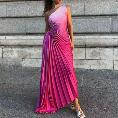 Elegant Women Ruffled Pleated Diagonal Collar Maxi Dress Evening Dress Spring Summer Backless Sleeveless Irregular Party Dresses