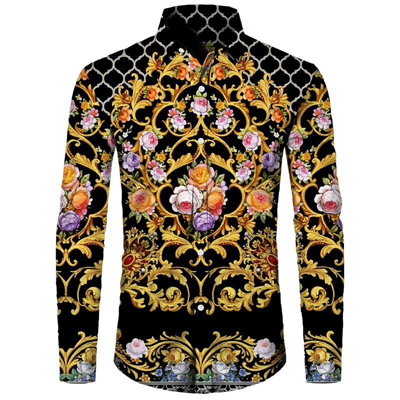 Golden Flower Pattern Print Men's Shirts Casual Single-Breasted Cardigan Long Sleeve Shirt Fashion Trend Tops Men Clothing