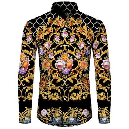 Golden Flower Pattern Print Men's Shirts Casual Single-Breasted Cardigan Long Sleeve Shirt Fashion Trend Tops Men Clothing