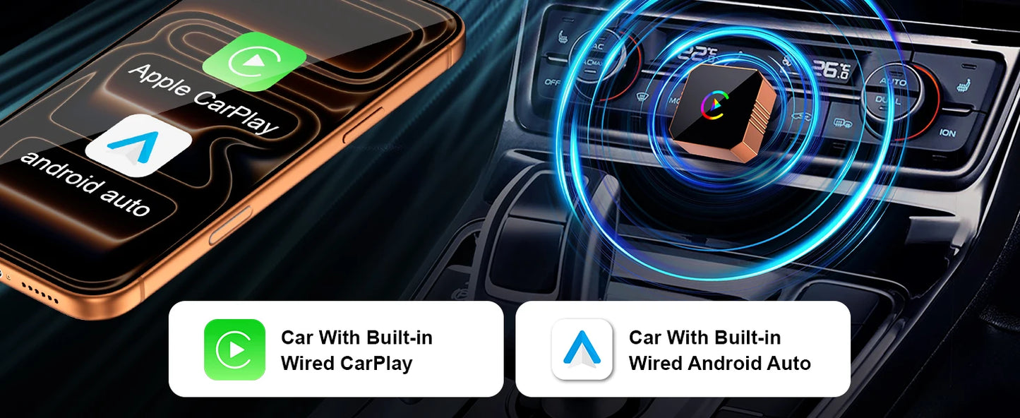 Adaptateur sans fil Carplay pour iPhone, CarPlay avec câble vers sans fil, Android Auto 2 en 1 Mini USB design