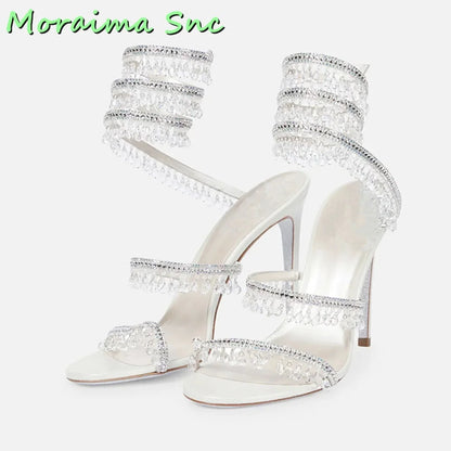 Sexy Luxury Crystal Bling Winding Sandals Stiletto High Heel Open Toe Green Solid Women Wedding Shoes Summer Dress Runway New